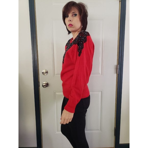 80s Red with Black Lace Sweater - Picture 2 of 5